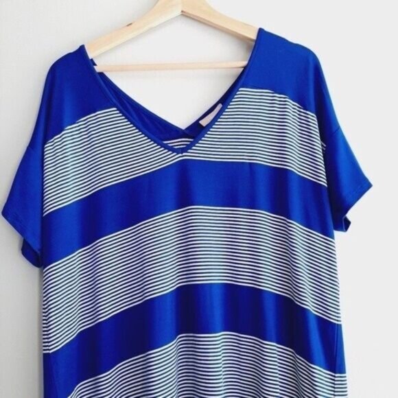 POINTELLE - NEW V-neck Stripe Hi-low Hem Top Blue & White Sz XL - Picture 3 of 7